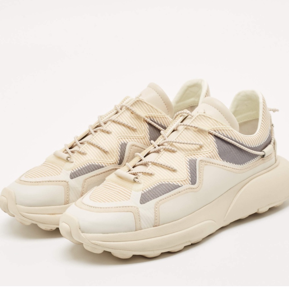 Stuart‎ Weitzman Beige Leather Knit Fabric SW 1 Sneakers Stylish Cream